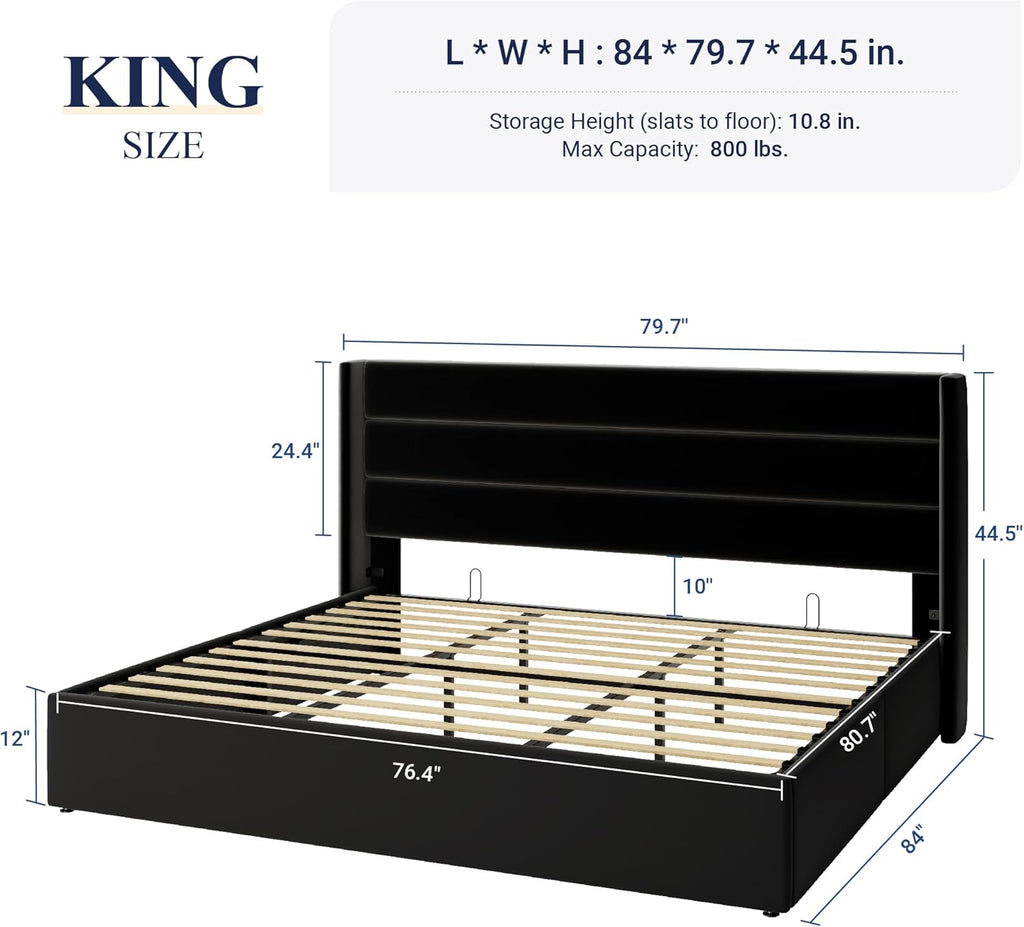 Allewie Queen Size Lift Up Storage Bed Modern Wingback Headboard Hydraulic Support wourant
