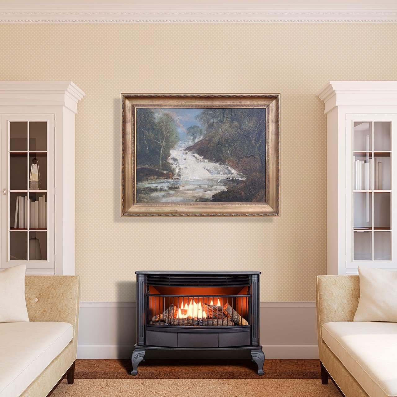 Vent-free 25,000 BTU space-saving freestanding dual-fuel fireplace with built-in thermostat control wourant