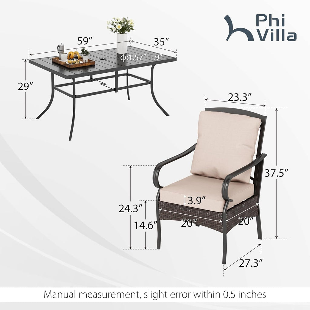 PHI VILLA 6-Piece Outdoor Dining Sets, All-Weather Patio Table and Chairs Set with Umbrella for 4, Heavy Duty Patio Round Table Set for Deck, 4 Extra Large Outdoor Swivel Chairs with Thick Cushions wourant