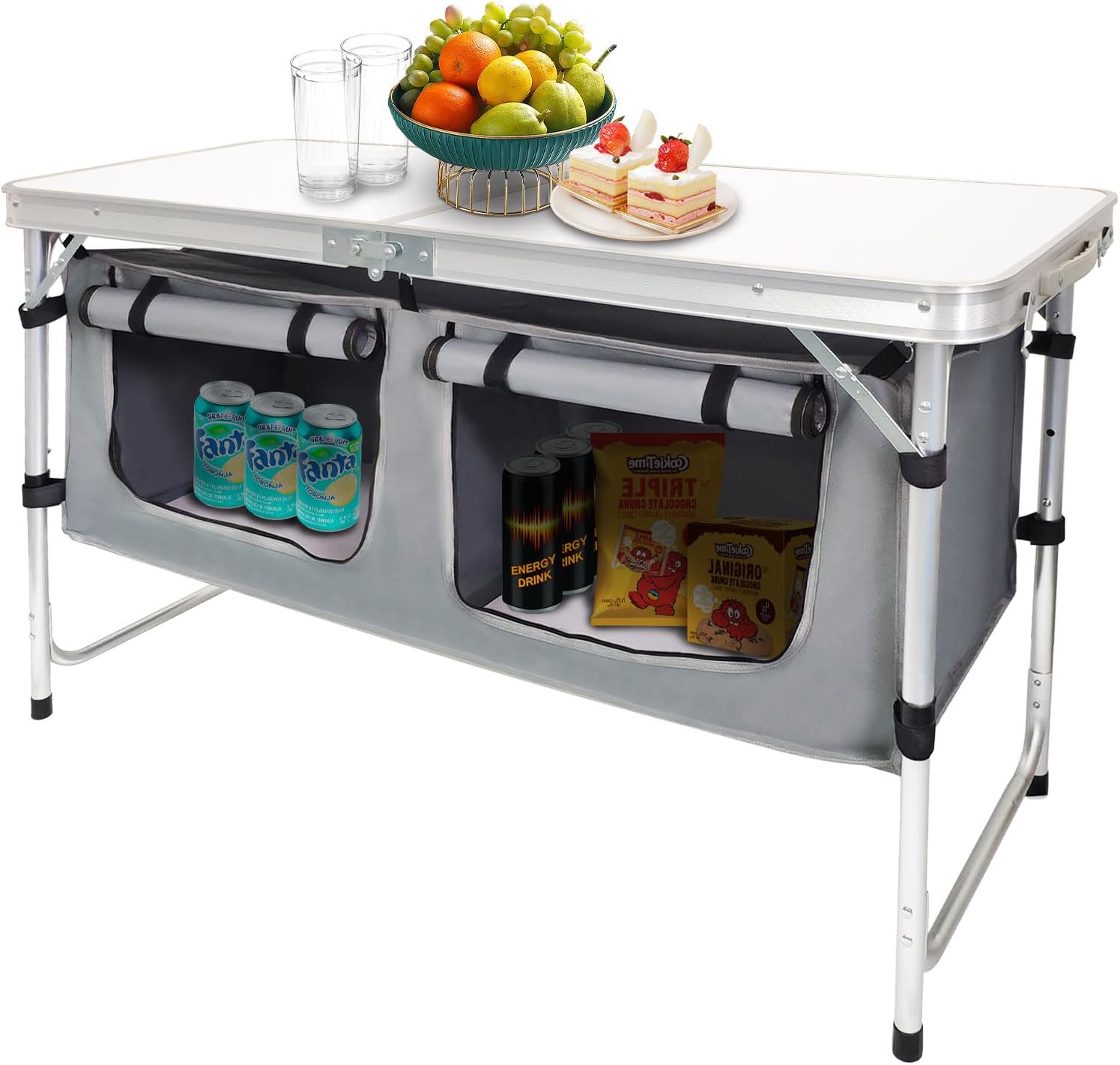 Outdoor Folding Table Aluminum Lightweight Height Adjustable with Storage Organizer for BBQ, Party, Camping wourant