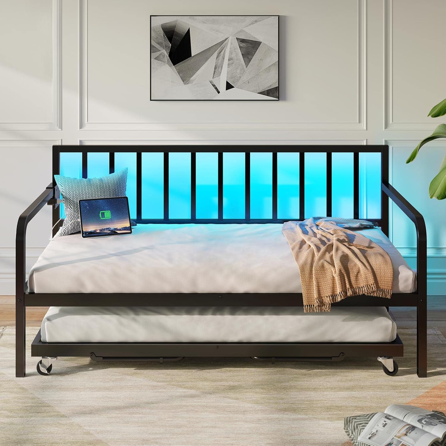 Rolanstar Daybed with Charging Station and LED Lights, Height Adjustable Twin Daybed with Trundle, Metal Sofa Bed Frame with Steel Slat Support wourant