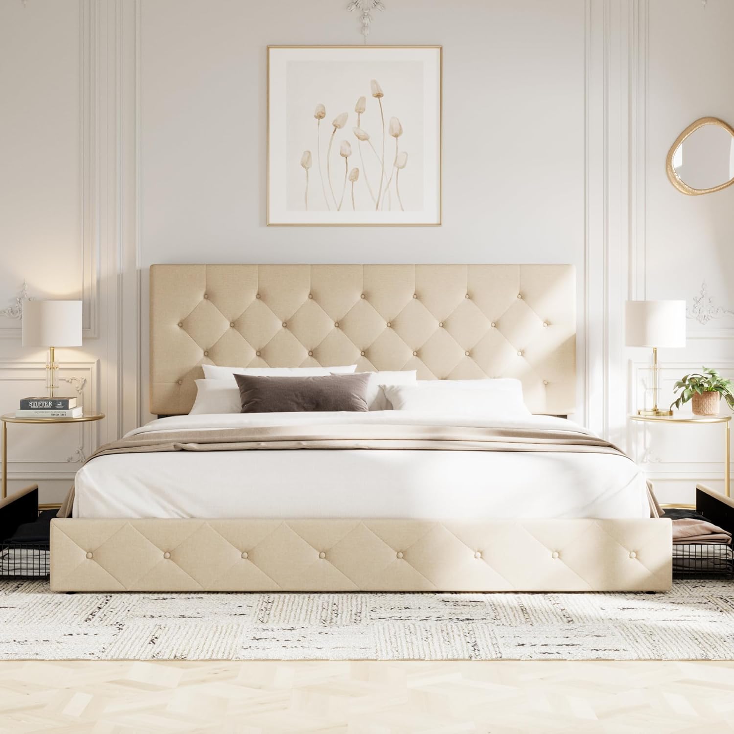 Allewie Upholstered Queen Size Platform Bed Frame with 4 Storage Drawers and Headboard wourant