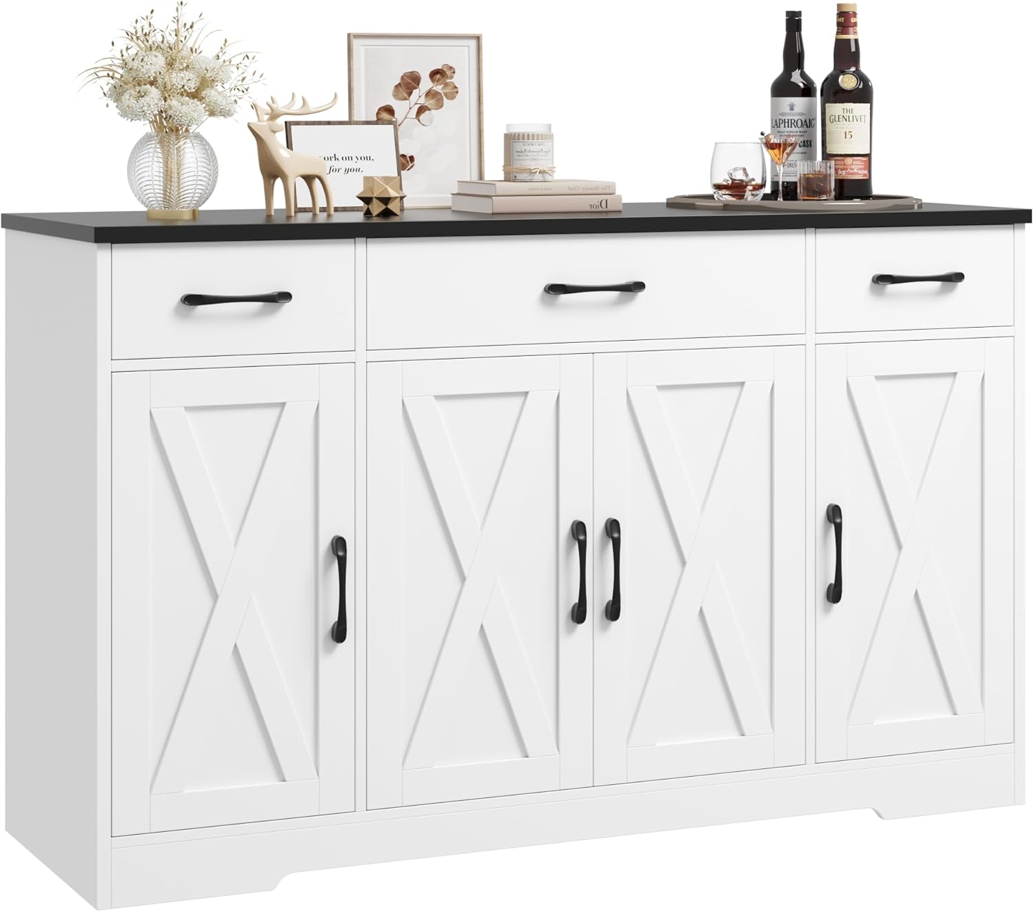 Sideboard with drawers, large 55-inch sideboard, sideboard storage with shelves and doors, modern farmhouse coffee bar wood kitchen dining table wourant