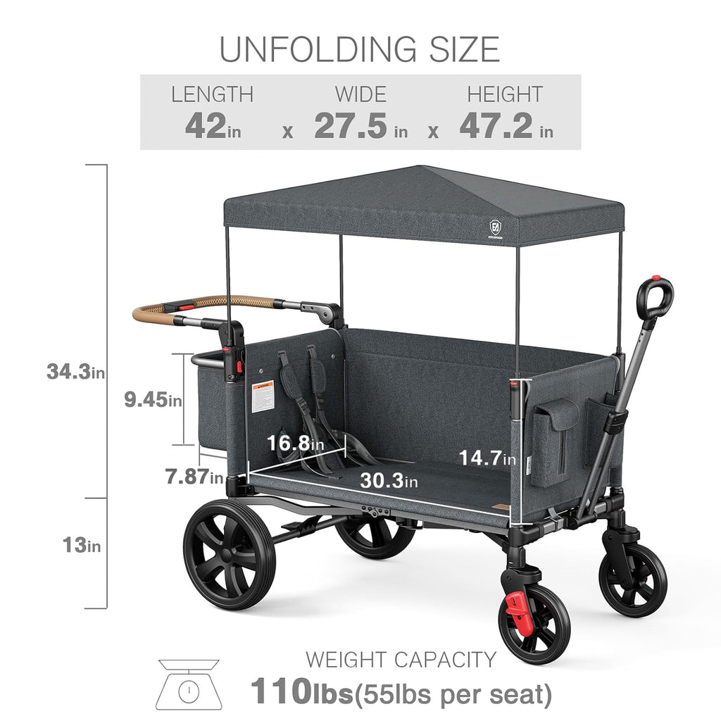 EVER ADVANCED Side-unzip Wagon Stroller for 2 Kids, Push Pull Stroller with Adjustable Handle, Easy Access Front Zipper Door, 5-Point Harness Removable UV-Protection Canopy Shock-Absorbing Wheels,Grey wourant