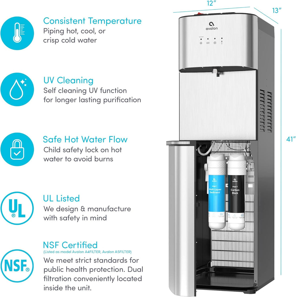 Avalon Bottom Loading Water Cooler Water Dispenser with BioGuard- 3 Temperature Settings - Hot, Cold & Room Water, Durable Stainless Steel Construction, Anti-Microbial Coating- UL Listed wourant