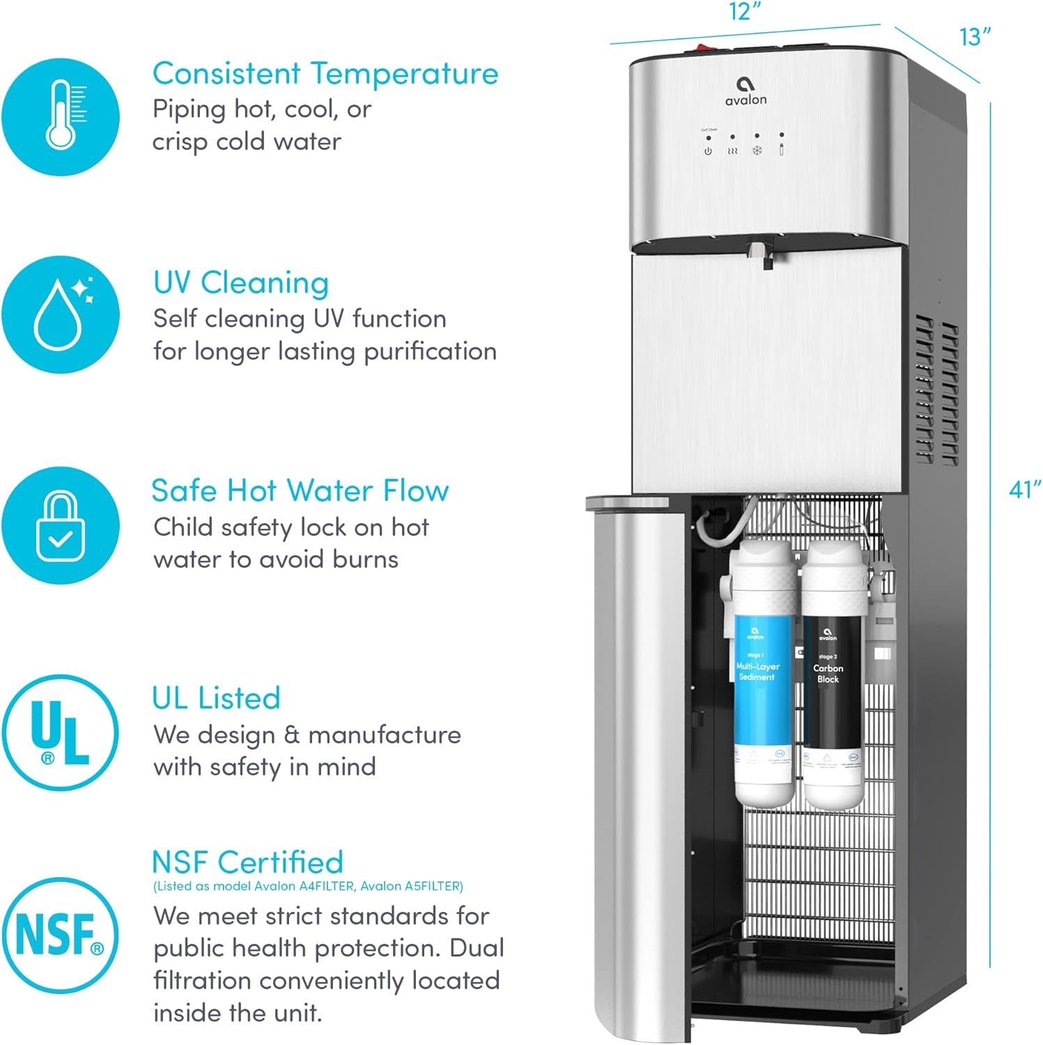 Avalon Bottom Loading Water Cooler Water Dispenser with BioGuard- 3 Temperature Settings - Hot, Cold & Room Water, Durable Stainless Steel Construction, Anti-Microbial Coating- UL Listed wourant