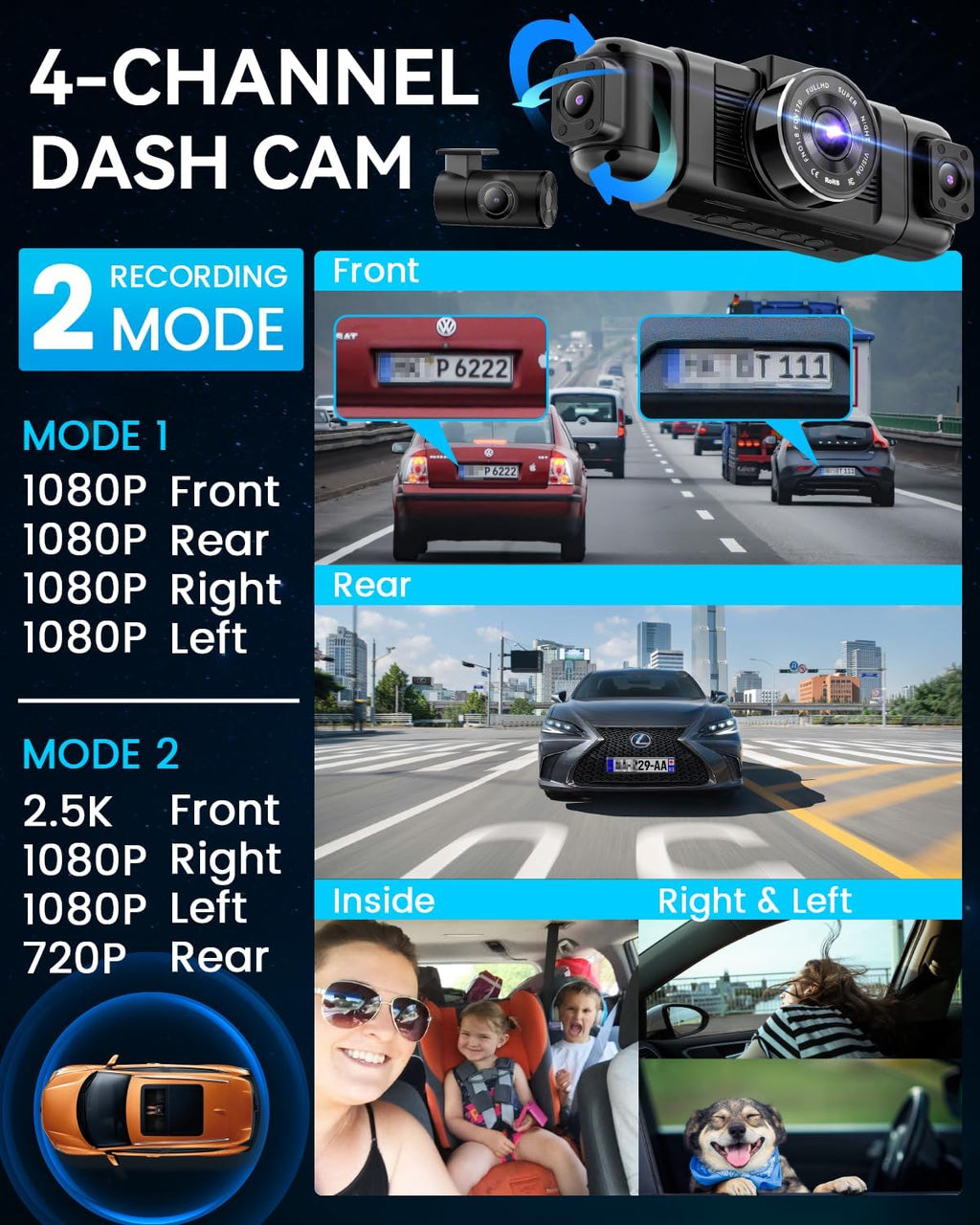 Channel Dash Cam 360° View, 1080P Front and Rear Interior, Car Left and Right Dash Cam, 8 Infrared Lights Night Vision, 5G WiFi and APP Control, G Sensor, Parking Mode, with Free 128GB SD Card wourant