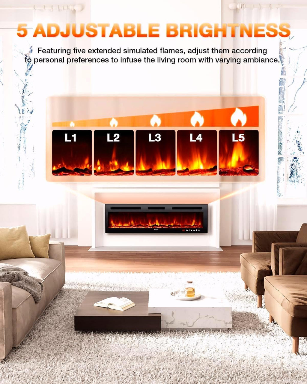 Electric Fireplace 60Inch,Wall Mounted Electric Fireplace Heater with Timer Inserts，TV Stand Touch Screen and Realistic Flame,Log Set,Crystal Flames 750 to 1500W，Remote for Living Room wourant