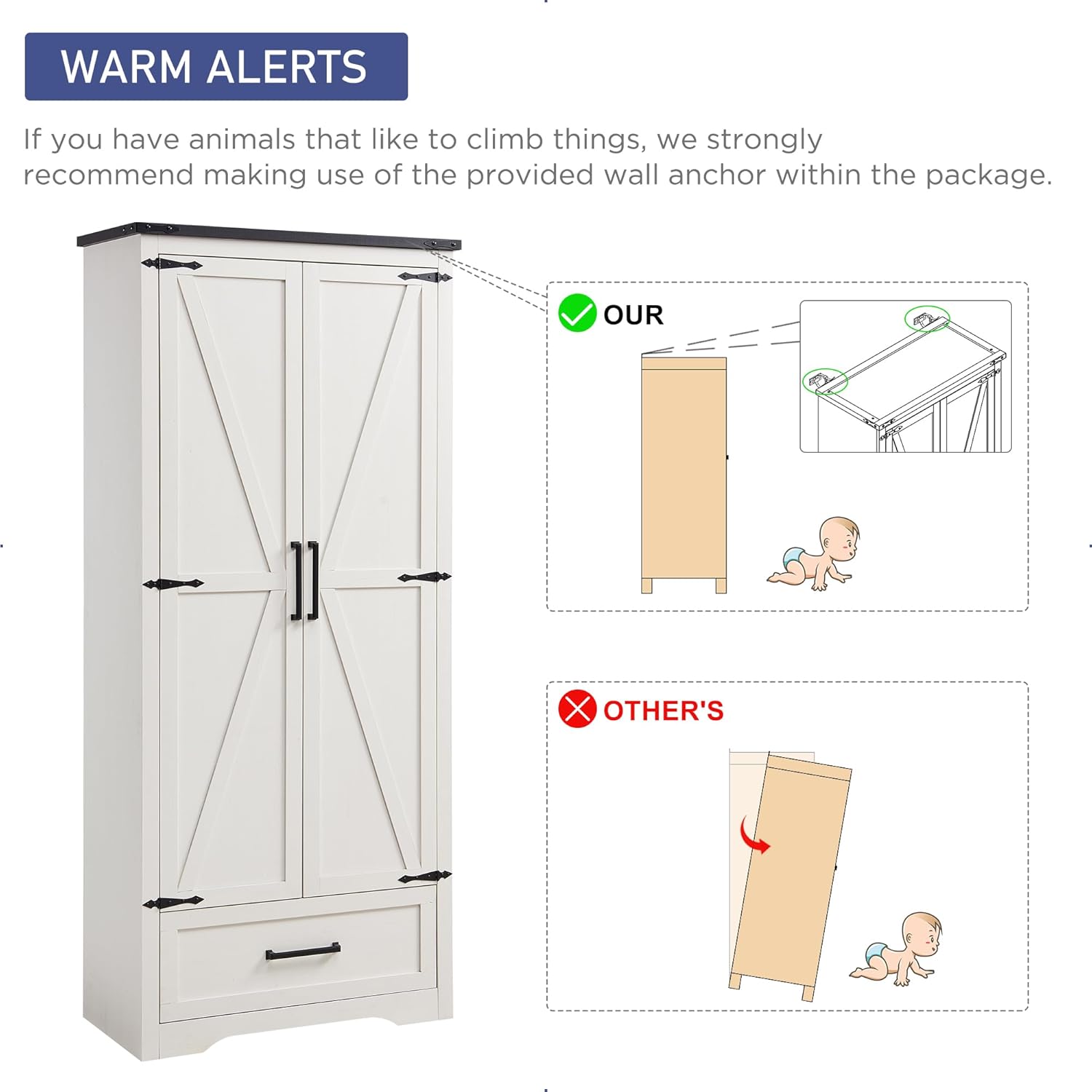 JXQTLINGMU Farmhouse Kitchen Pantry - 72" Tall Wood Kitchen Storage Cabinet with Adjustable Shelves and 2 Barn-Style Doors and Drawers wourant