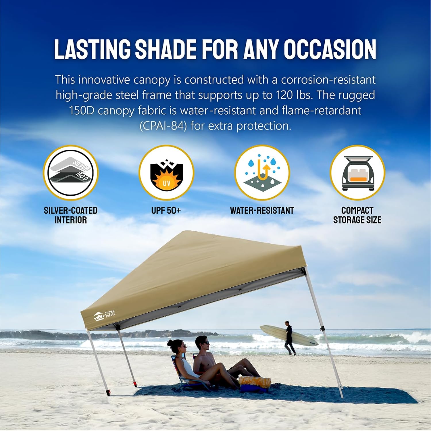 10x10 Pop-Up Awning - One-Click Installation Beach Tent - Outdoor Sunshade Silver Coated Top, 3 Heights and 4 Sand Pockets wourant