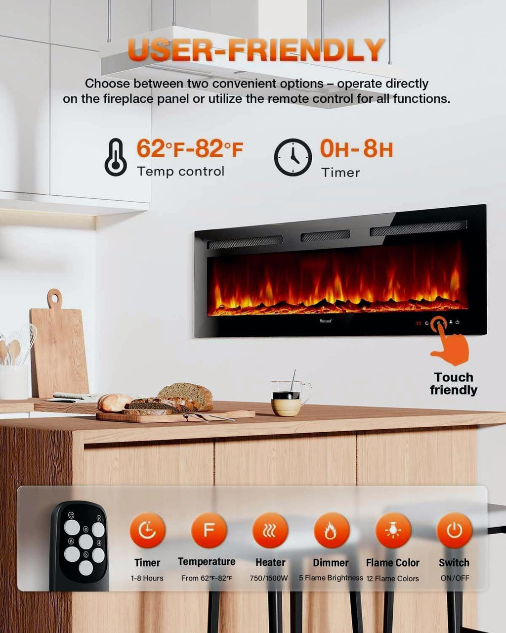 Electric Fireplace 60Inch,Wall Mounted Electric Fireplace Heater with Timer Inserts，TV Stand Touch Screen and Realistic Flame,Log Set,Crystal Flames 750 to 1500W，Remote for Living Room wourant