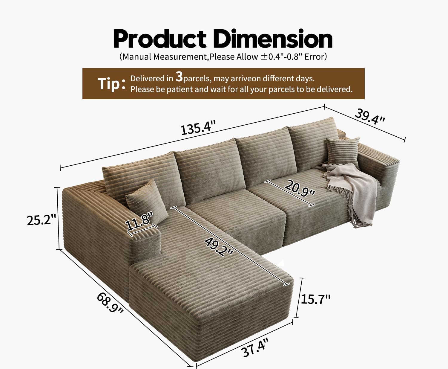 107.5" Cloud Modular Sectional Sofa Couch with L-Shape Chaise,Modern Minimalist Upholstered Couches wourant