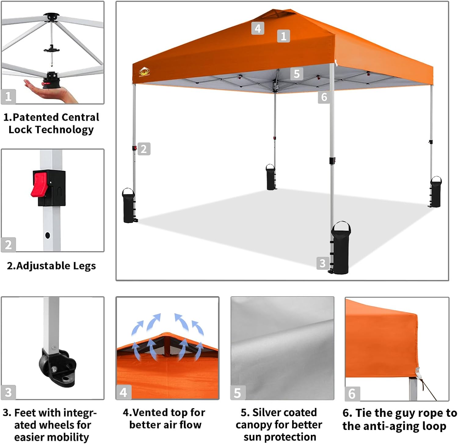 10x10 Pop-Up Awning - One-Click Installation Beach Tent - Outdoor Sunshade Silver Coated Top, 3 Heights and 4 Sand Pockets wourant