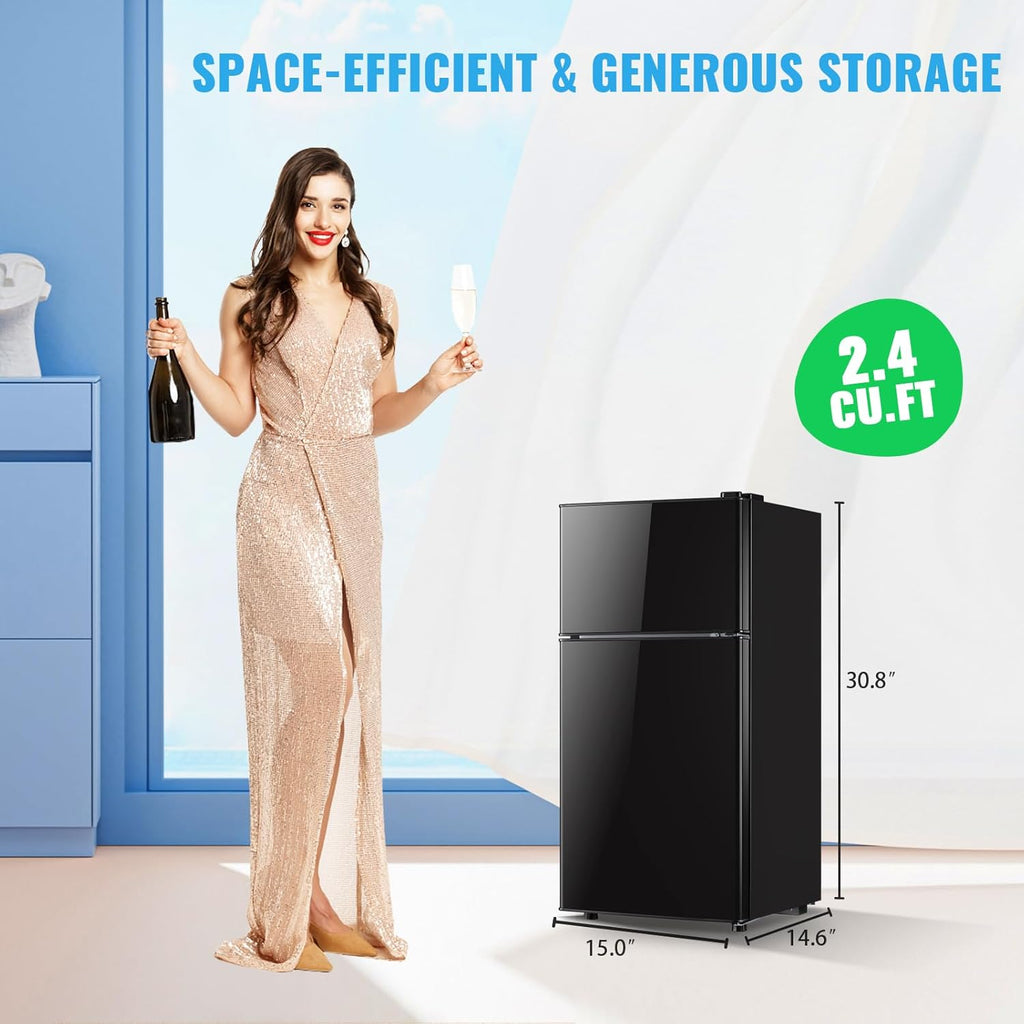 2.4 Cu.Ft Mini Fridge with Freezer & Double Door Small Tiny Size Refrigerator with 7 Temperature Control Knob Only Suitable for One Person Use Black wourant