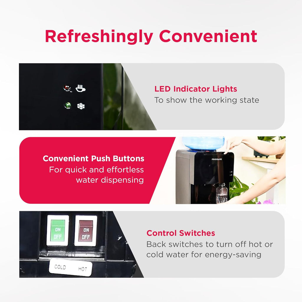 Frigidaire EFWC498 - Top Loading Cooler Dispenser -Hot & Cold Water - Child Safety Lock - Innovative Slim & Sleek Design, Holds 3 or 5 Gallon Bottles - Black wourant