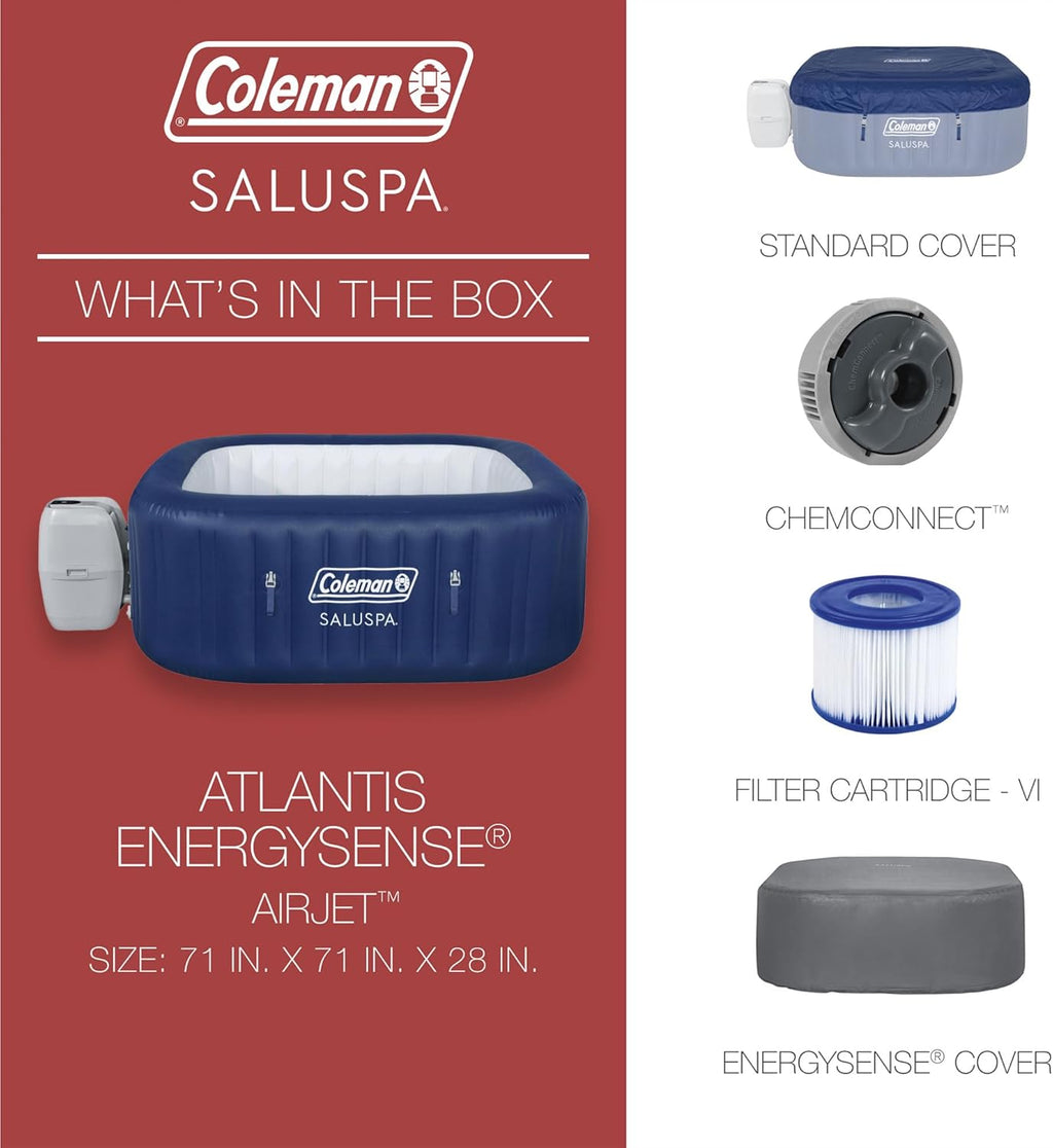 Coleman SaluSpa Atlantis AirJet 4 to 6 Person Inflatable Hot Tub Square Portable Outdoor Spa with 140 Soothing Jets with Cover, Blue wourant