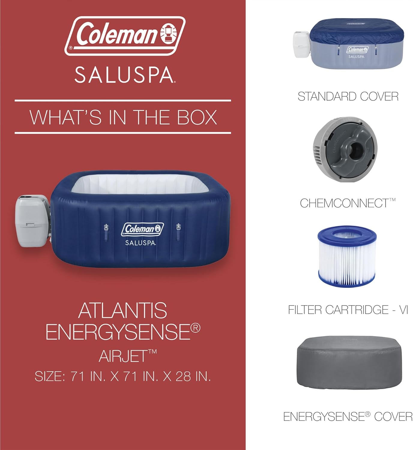 Coleman SaluSpa Atlantis AirJet 4 to 6 Person Inflatable Hot Tub Square Portable Outdoor Spa with 140 Soothing Jets with Cover, Blue wourant