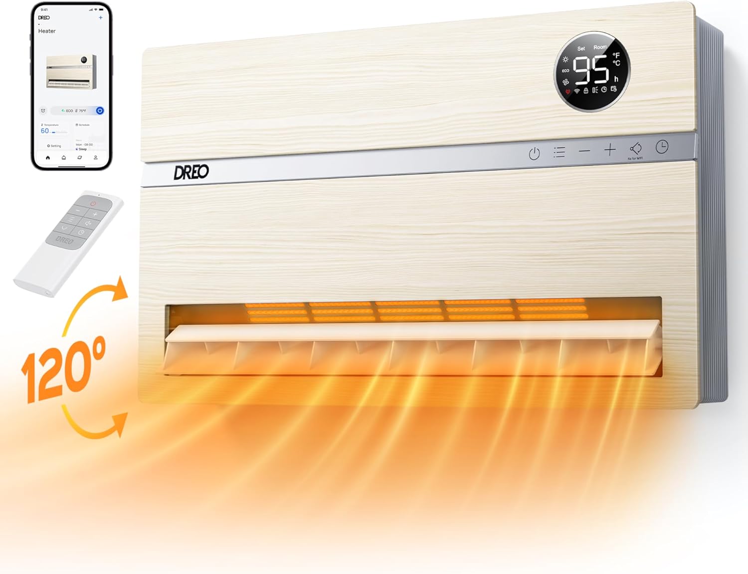 Smart wall mounted heater, bedroom electric heater, 1500W adjustable thermostat 24-hour timer easy to install indoor heater wourant