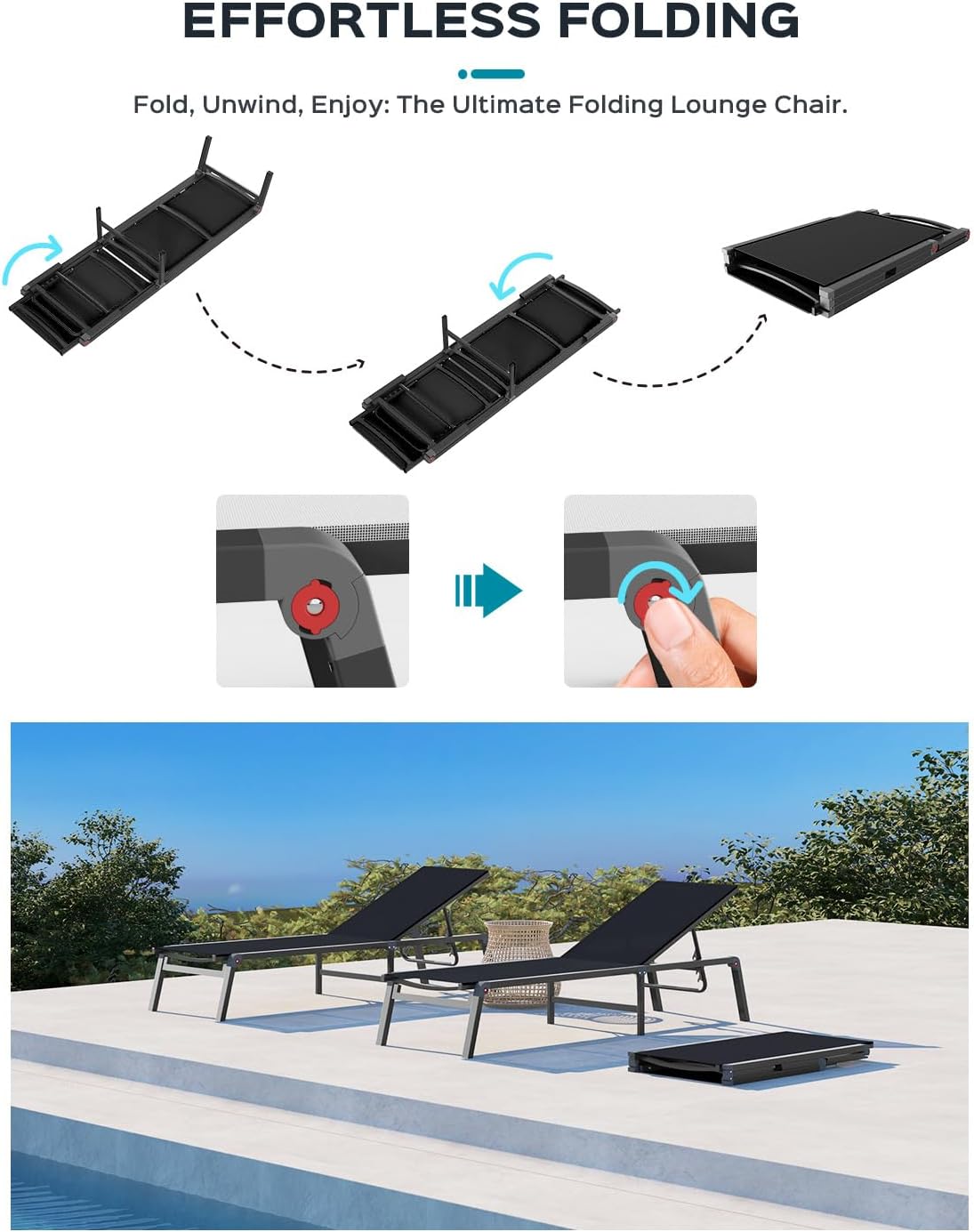 Aluminum Chaise Lounge Ourdoor - Foldable & Assemble Free Outdoor Lounge Chair with 5 Adjustable Backrest, Patio Lounge Chair for Outside Poolside Beach Pool, Black wourant