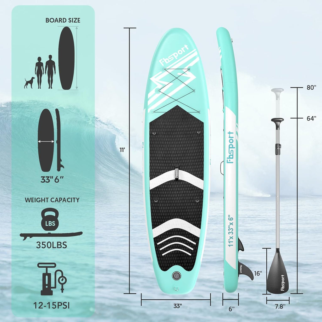 FBSPORT 11' Premium Stand Up Paddle Board, Yoga Board with Durable SUP Accessories & Carry Bag | Wide Stance, Surf Control, Non-Slip Deck, Leash, Paddle and Pump for Youth & Adult wourant