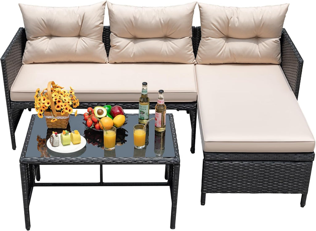 Devoko Outdoor Patio Furniture 3-Piece Rattan Waterproof Outdoor Sectional Sofa All-Weather L Shaped Patio Couch with Cushion Glass Table for Balcony, Garden (Beige) woonhhop