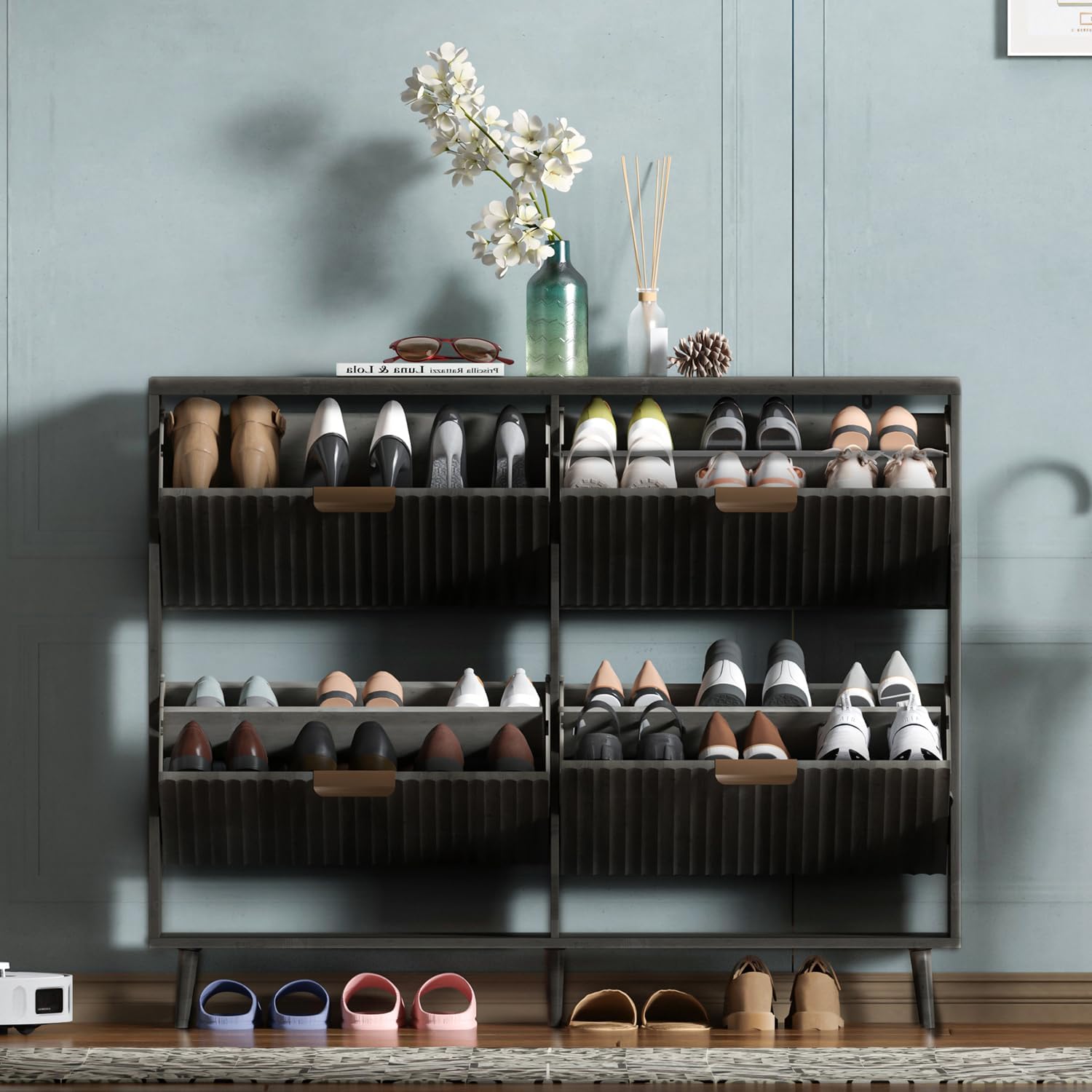 Shoe Cabinet Storage Modern Freestanding Organizer with 2 Flip Drawers Narrow Shoe Rack Cabinet wourant