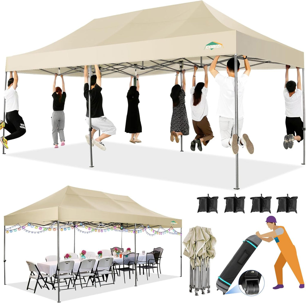 COBIZI 10x20 Heavy Duty Pop up Canopy Tent with 6 sidewalls Easy Up Commercial Outdoor Canopy Wedding Party Tents for Parties All Season Wind & Waterproof Gazebo with Roller Bag,Black(Frame Thickened) wourant