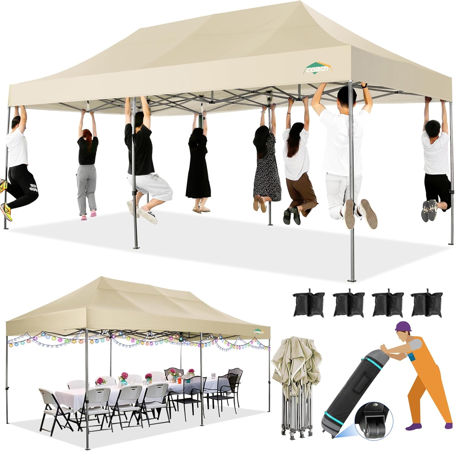 COBIZI 10x20 Heavy Duty Pop up Canopy Tent with 6 sidewalls Easy Up Commercial Outdoor Canopy Wedding Party Tents for Parties All Season Wind & Waterproof Gazebo with Roller Bag,Black(Frame Thickened) wourant