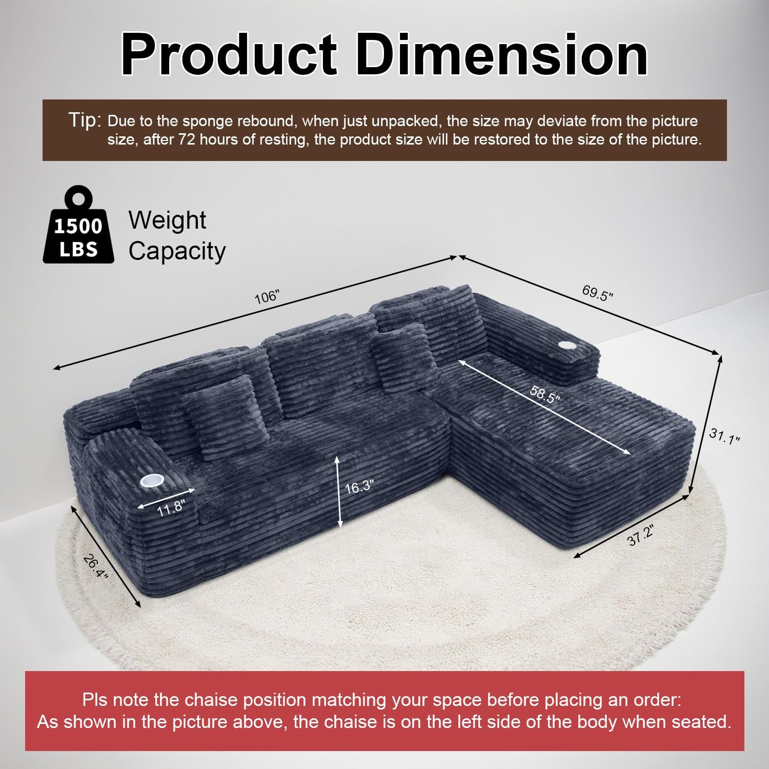 Cloud Sectional Couch with L-Shape Chaise, Modern Modular Sofa with Deep Seat, Built-in Cup Holder & Storage Pocket for Living Room Bedroom, No Assembly Required (Dark Gray, Left Sitting Chaise) wourant