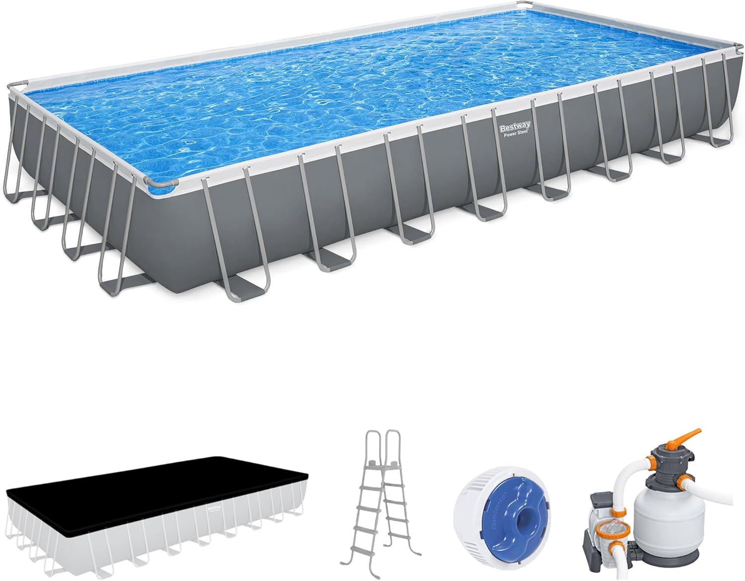 Power Steel 14' x 8'2" x 39.5" Oval Above Ground Pool Set | Includes 530gal Filter Pump, Ladder, ChemConnect Dispener wourant