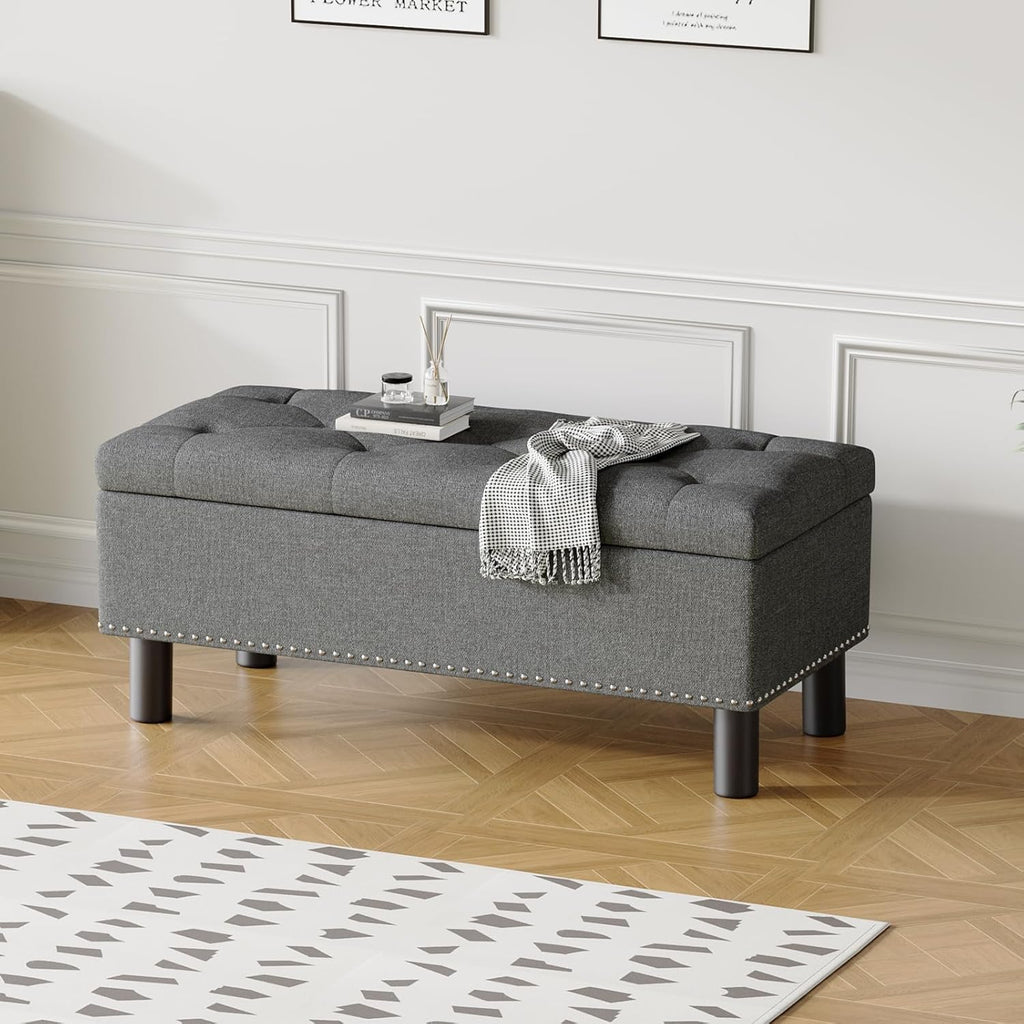 Furniliving Modern Storage Ottoman Bench, Sherpa Ottoman End of Bed Bench with Solid Wood Legs Upholstered Ottoman Benches with Storage Indoor Bench wourant