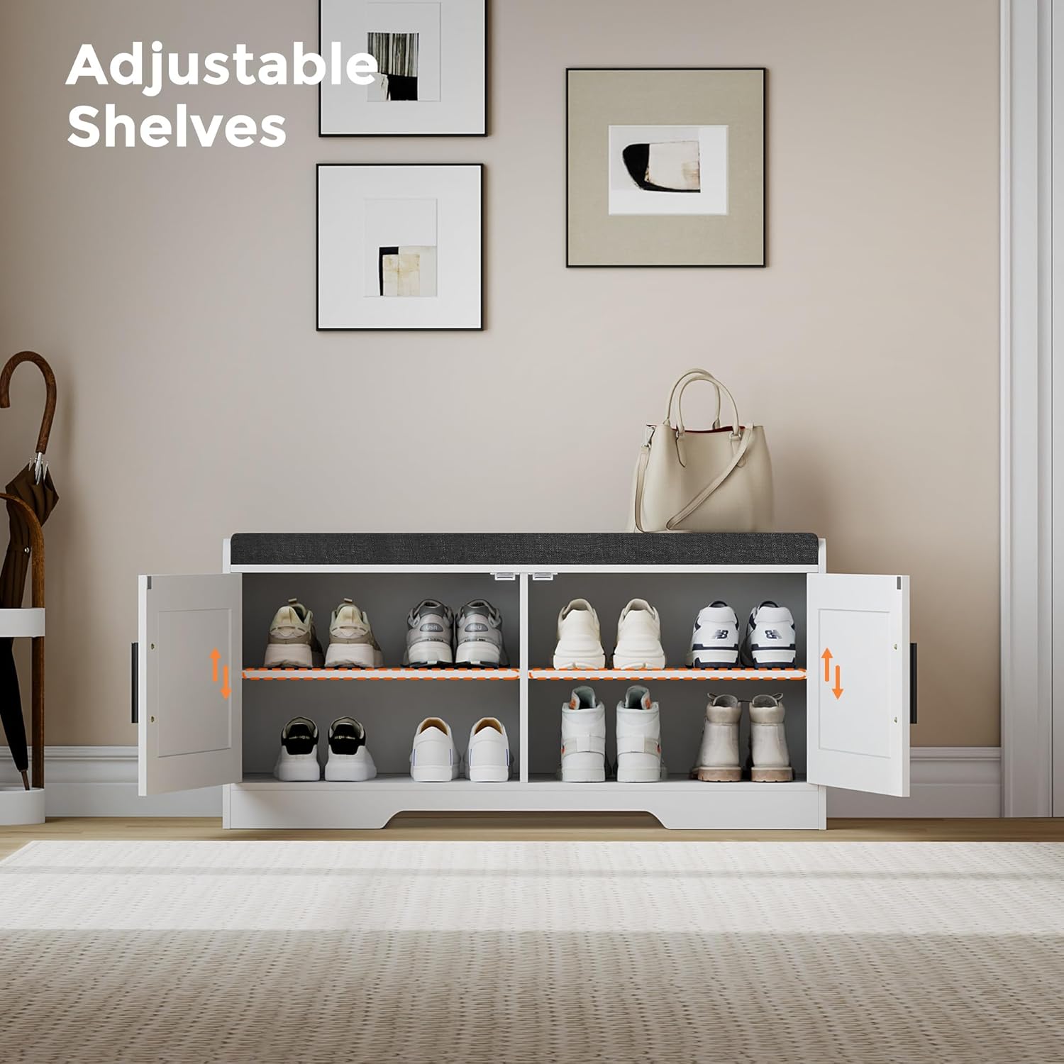 2-Tier Storage Bench, Shoe Bench with Thickened Padded Seat Cushion, Entryway Bench with 4 Doors, Adjustable Shelf, 13.8" D x 45.3" W x 18.5" H, for Entryway, Living Room, Bedroom, White wourant