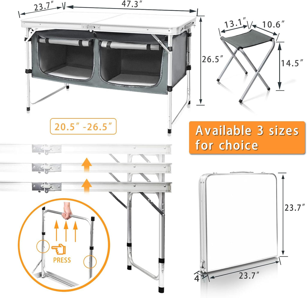 Outdoor Folding Table Aluminum Lightweight Height Adjustable with Storage Organizer for BBQ, Party, Camping wourant