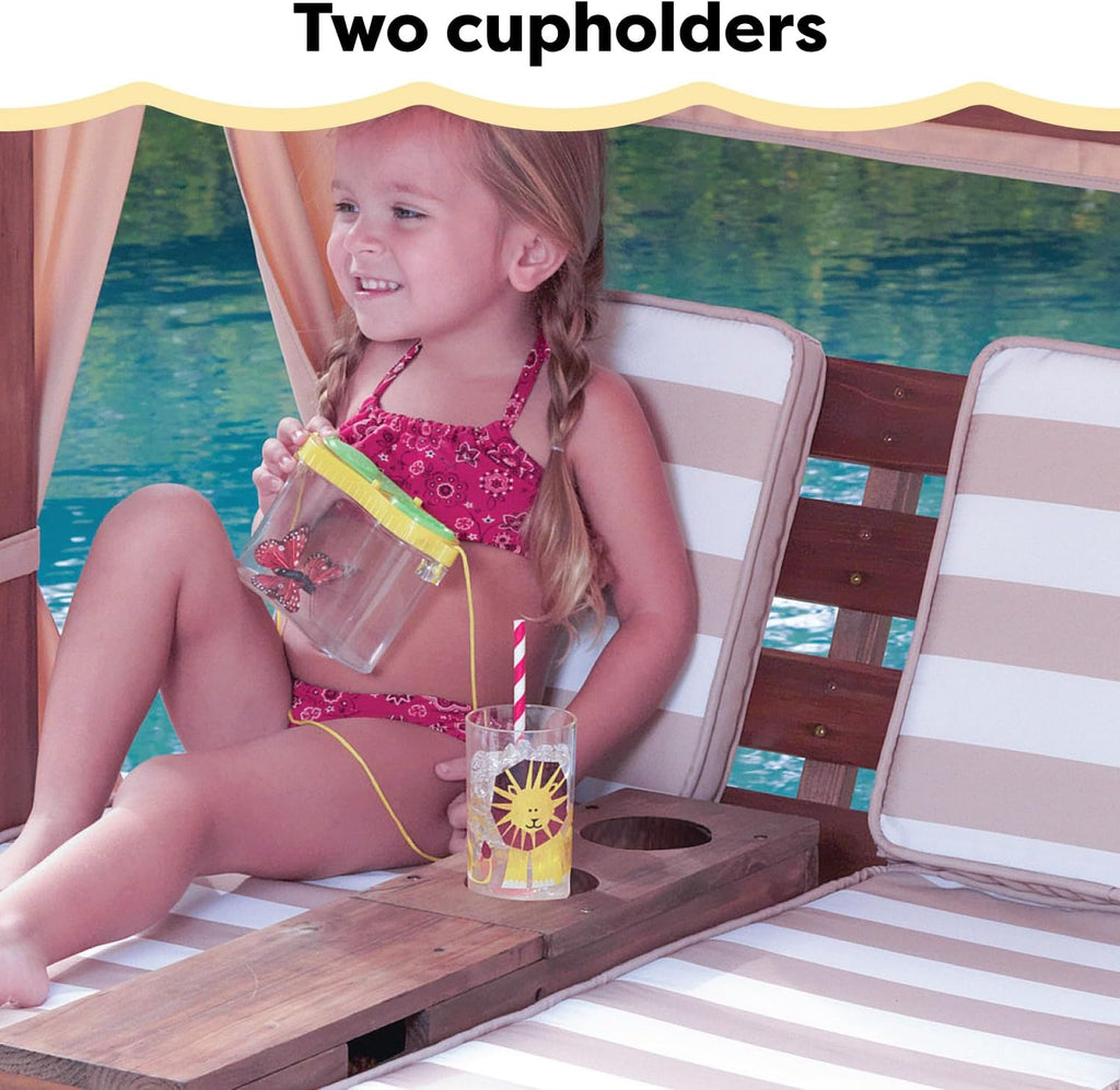KidKraft Wooden Outdoor Double Chaise Lounge with Cup Holders, Kid's Patio Furniture, Honey with Navy and White Striped Fabric, Gift for Ages 3-8 wourant