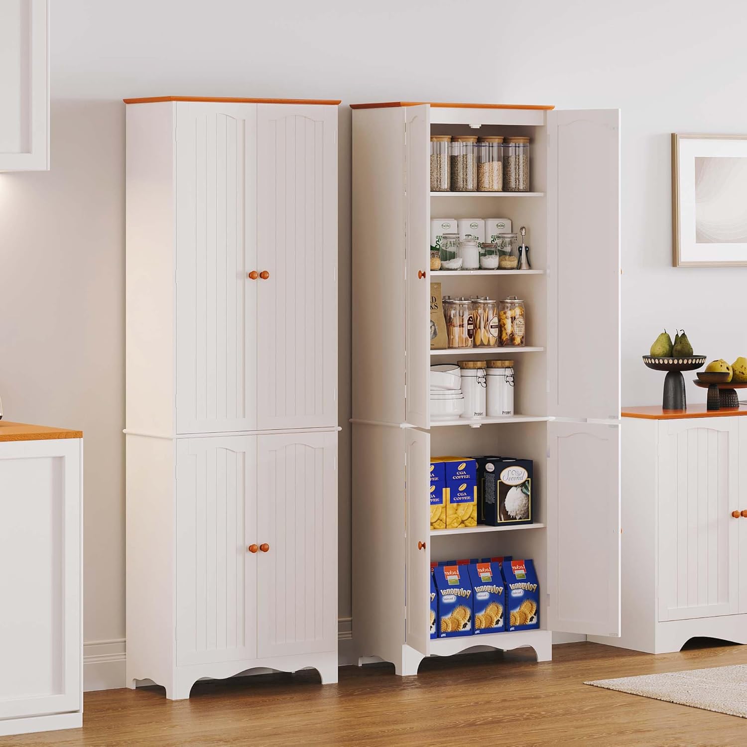 Tall Pantry Cabinet, Freestanding Storage Cabinet, Wooden Kitchen Pantry with 4 Doors and 5 Shelves, 72" Floor Cabinet Organizer wourant