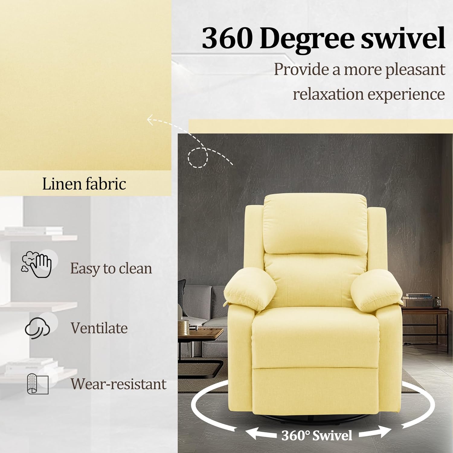 Reclining rocking chair 360 degree rotating fabric sliding reclining chair wourant