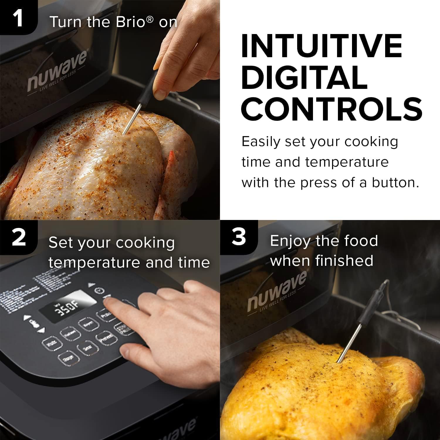 Nuwave Brio 15.5Qt Air Fryer/Oven quickly reheats, bakes, and dehydrates food with a temperature control range of 50°-425°F 1800W. wourant