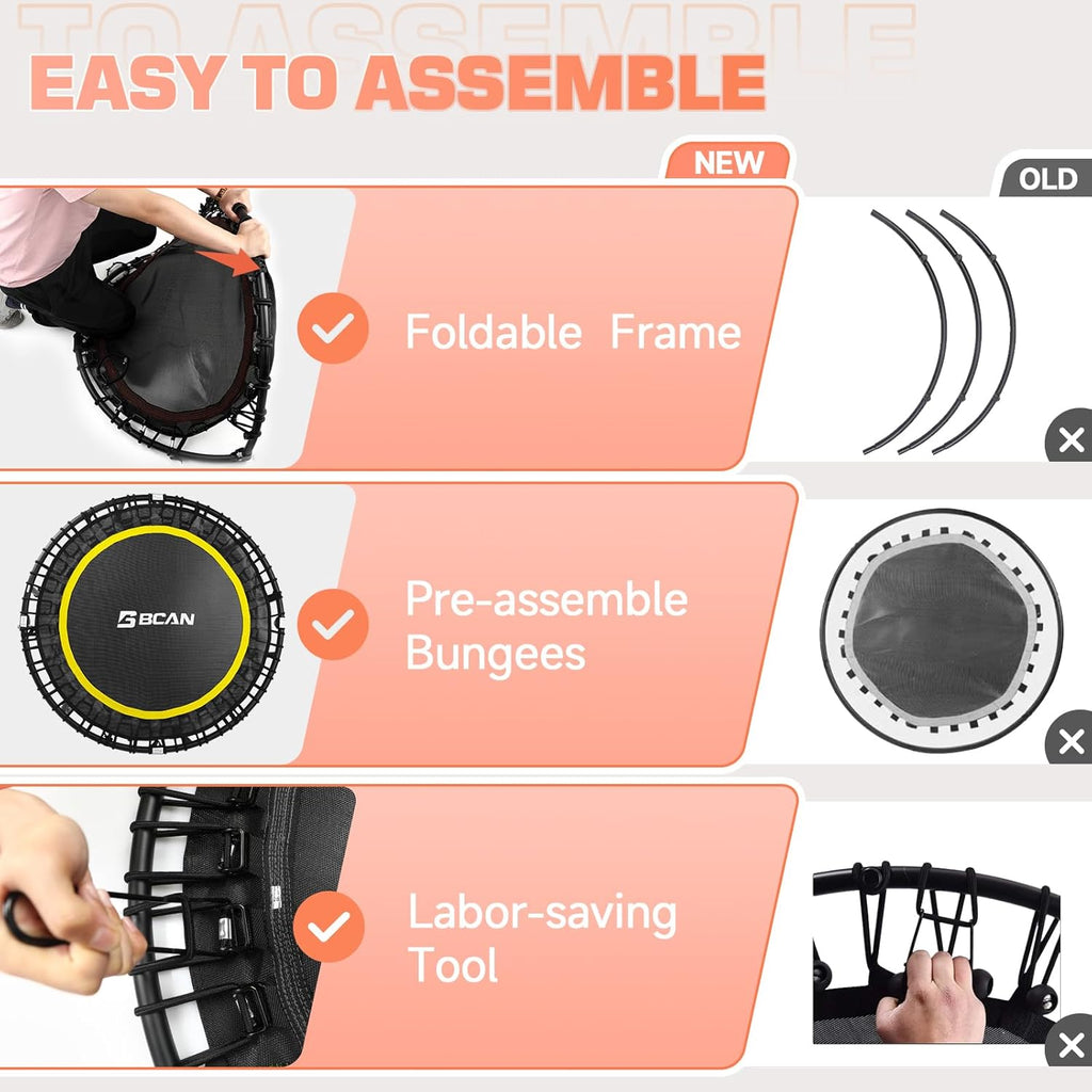 BCAN 450/550 LBS Foldable Mini Trampoline, 40"/48" Fitness Trampoline with Bungees, U Shape Adjustable Foam Handle, Stable & Quiet Exercise Rebounder for Adults Indoor/Outdoor Workout wourant