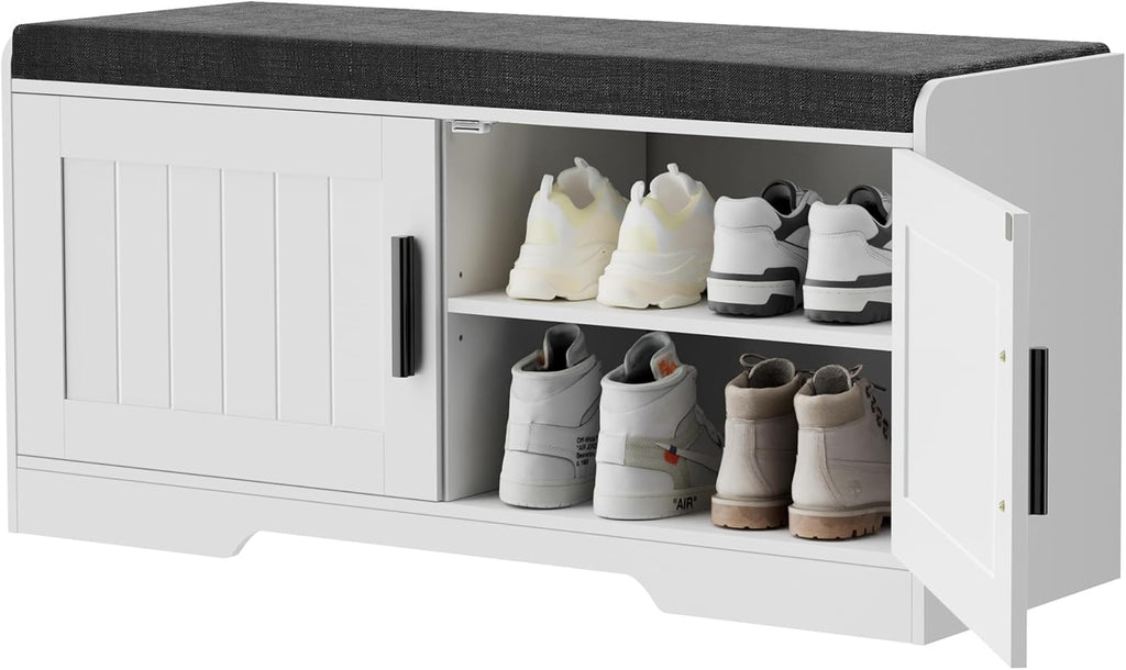 2-Tier Storage Bench, Shoe Bench with Thickened Padded Seat Cushion, Entryway Bench with 4 Doors, Adjustable Shelf, 13.8" D x 45.3" W x 18.5" H, for Entryway, Living Room, Bedroom, White wourant