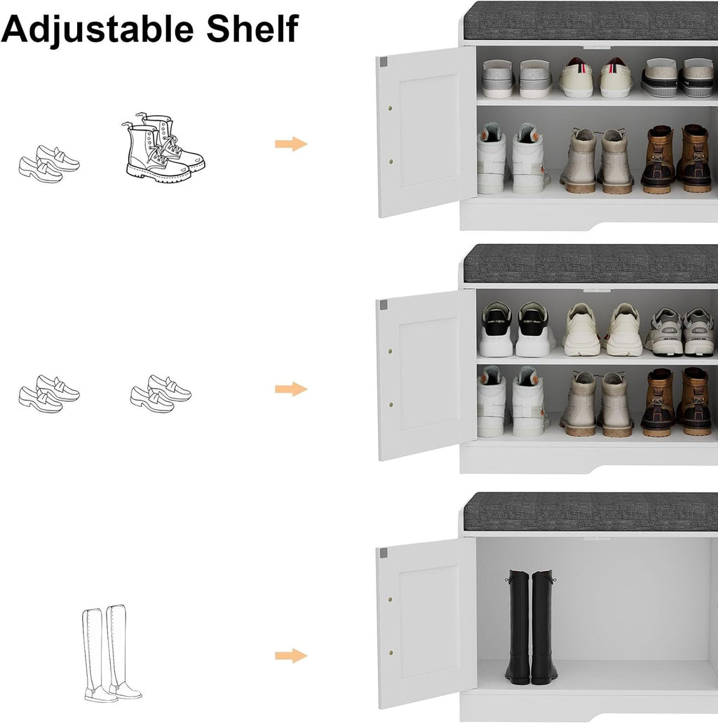 2-Tier Storage Bench, Shoe Bench with Thickened Padded Seat Cushion, Entryway Bench with 4 Doors, Adjustable Shelf, 13.8" D x 45.3" W x 18.5" H, for Entryway, Living Room, Bedroom, White wourant