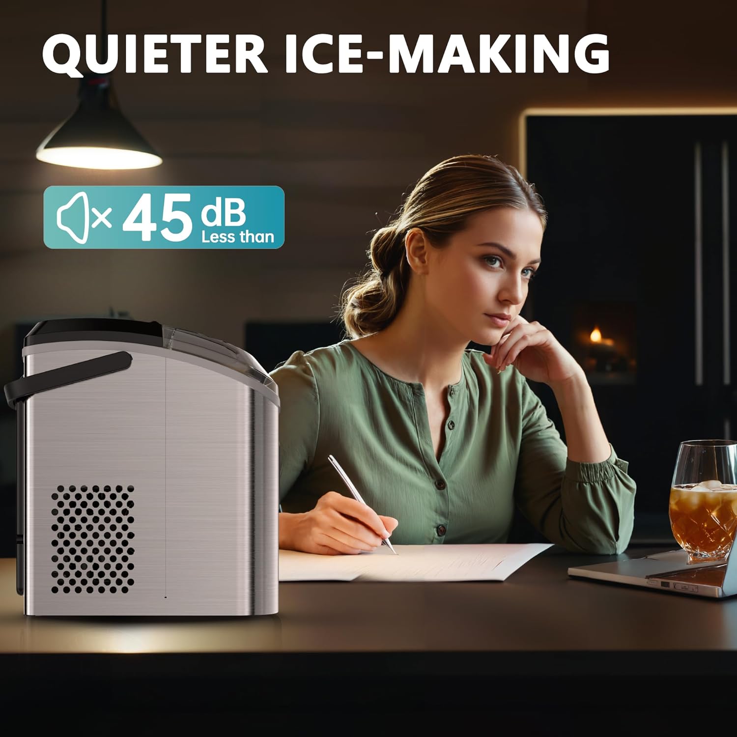 EUHOMY Nugget Ice Maker Countertop with Handle, Ready in 6 Mins, 34lbs Per Day, Removable Top Cover, Auto-Cleaning, Portable Sonic Ice Maker with Basket and Scoop, for Home/Party/RV/Camping (Black) wourant