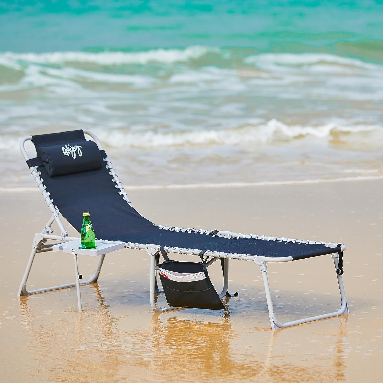 2 Pack Outdoor Chaise Lounge Chair - Portable Folding Patio Pool Lounge Chair, 5 Positions Adjustable Reclining Camping Chair with Side Table,Shoulder Strap, Pillow for Beach Sunbathing Lawn wourant