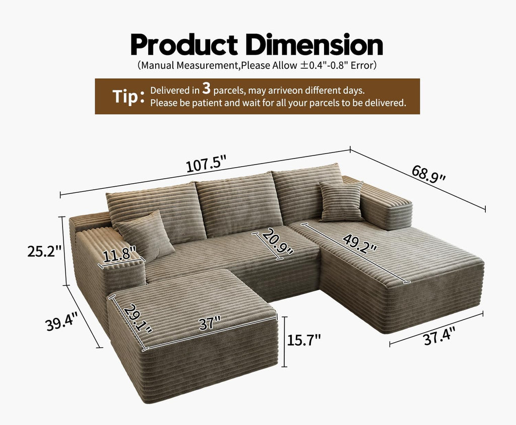 107.5" Cloud Modular Sectional Sofa Couch with L-Shape Chaise,Modern Minimalist Upholstered Couches wourant