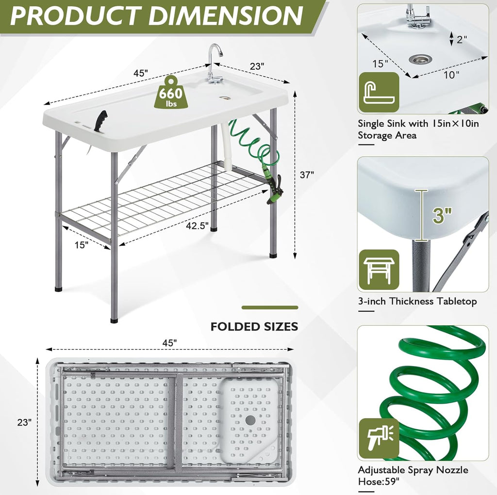 Folding Fish Cleaning Table Portable Camping Sink Table with Faucet Drain Hose and Sprayer Outdoor Fish Fillet Cleaning Station wourant