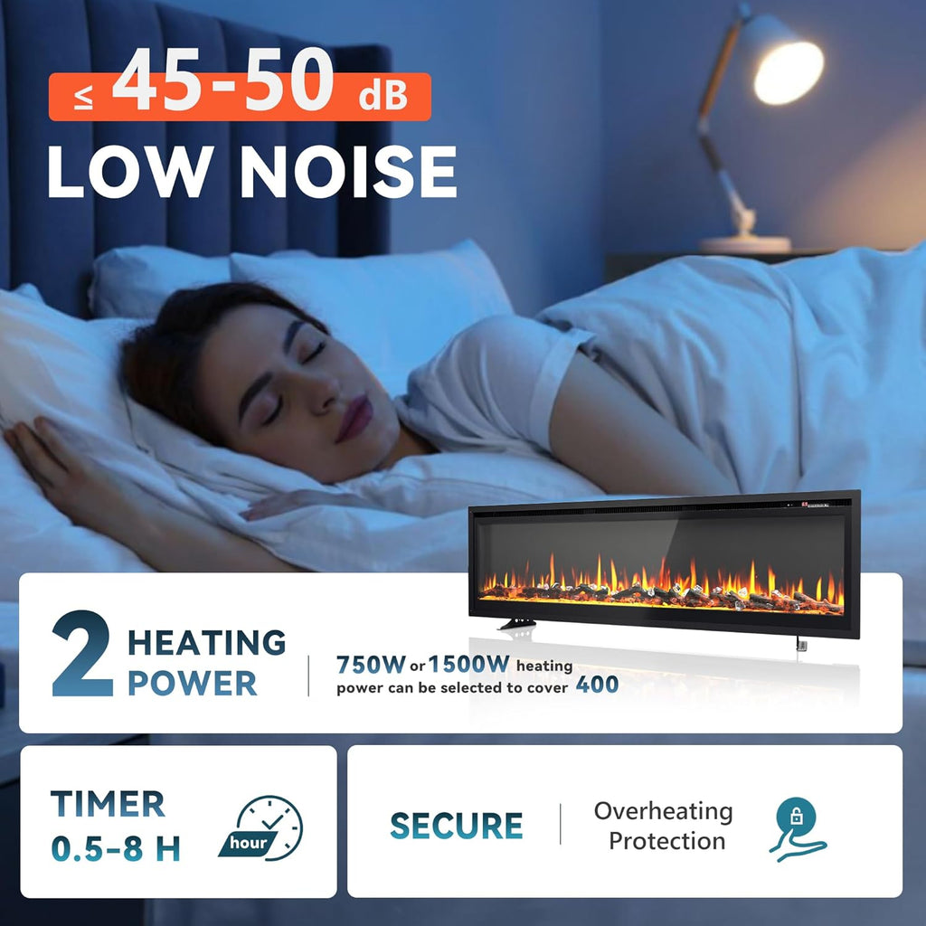 EUHOMY 50 Inch Electric Fireplace Wall Recessed and Wall Mounted with Adjustable Flame Color, Fireplace Heater with Remote Control, Linear Fireplace with Timer, Touch Screen, Log & Crystal, 750/1500W wourant