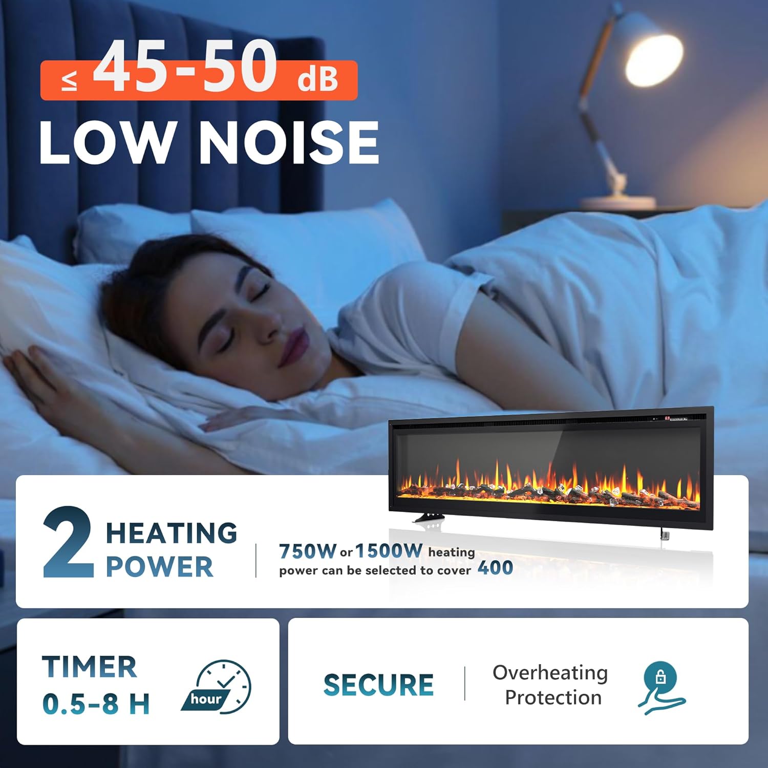 EUHOMY 50 Inch Electric Fireplace Wall Recessed and Wall Mounted with Adjustable Flame Color, Fireplace Heater with Remote Control, Linear Fireplace with Timer, Touch Screen, Log & Crystal, 750/1500W wourant