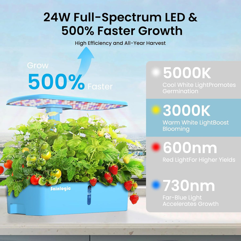 Sainlogic Hydroponics Growing System Kit, 12 Pods Watering Planter, Smart Indoor Garden with APP & WiFi Connected, 5 X Growth with 24W LED, Quiet Pump, for Vegetables, Herbs and Flowers wourant