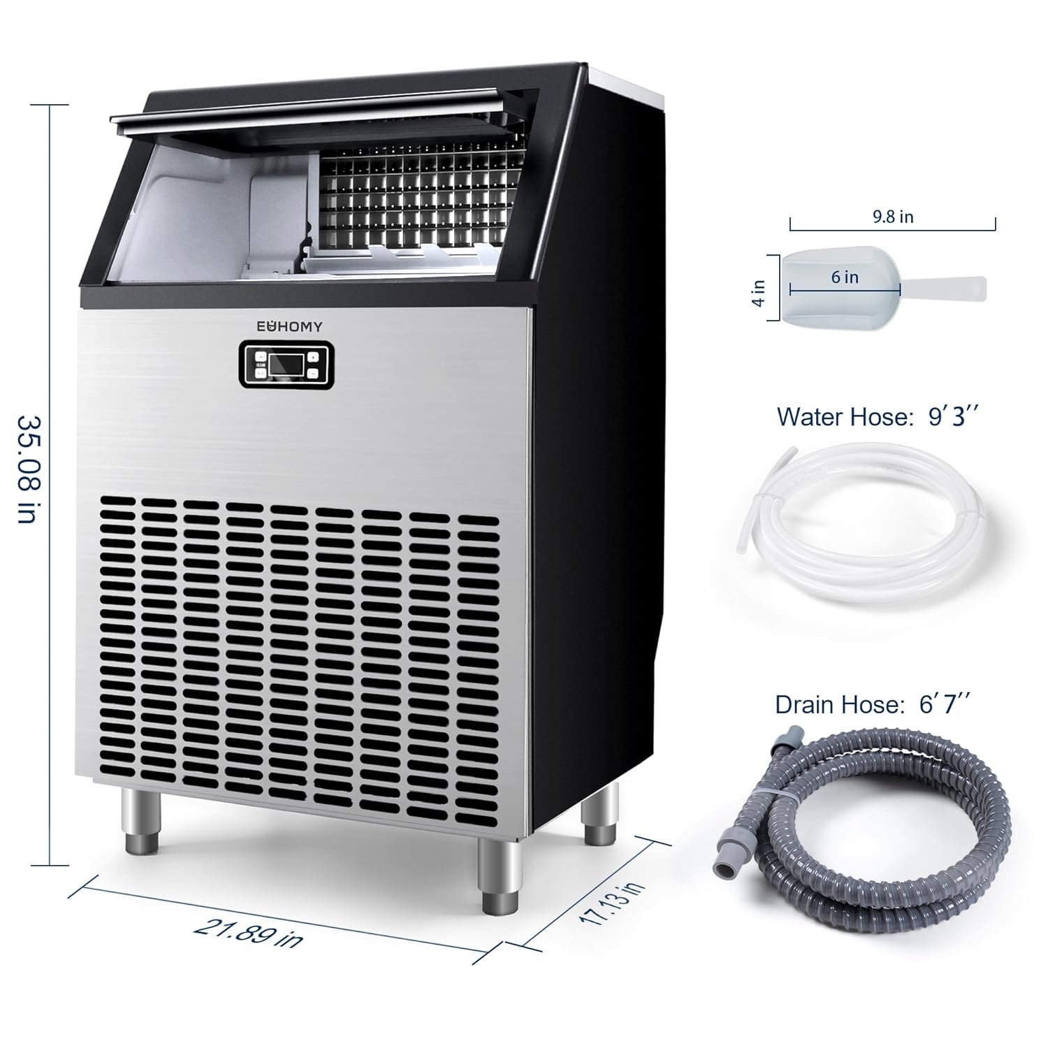 EUHOMY Commercial Ice Maker Machine, 100lbs/24H Stainless Steel Under Counter ice Machine with 33lbs Ice Storage Capacity, Freestanding Ice Maker. wourant