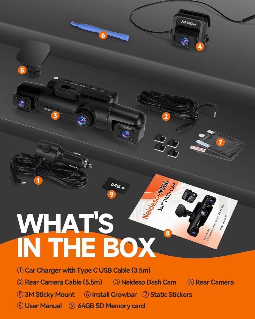 360° Dash Cam 4-Channel FHD 4*1080P Wi-Fi GPS Voice Control Car Camera, Front 2K+1080P*2 Dash Cam, with 64GB SD Card, Night Vision, 24-Hour Parking Mode wourant