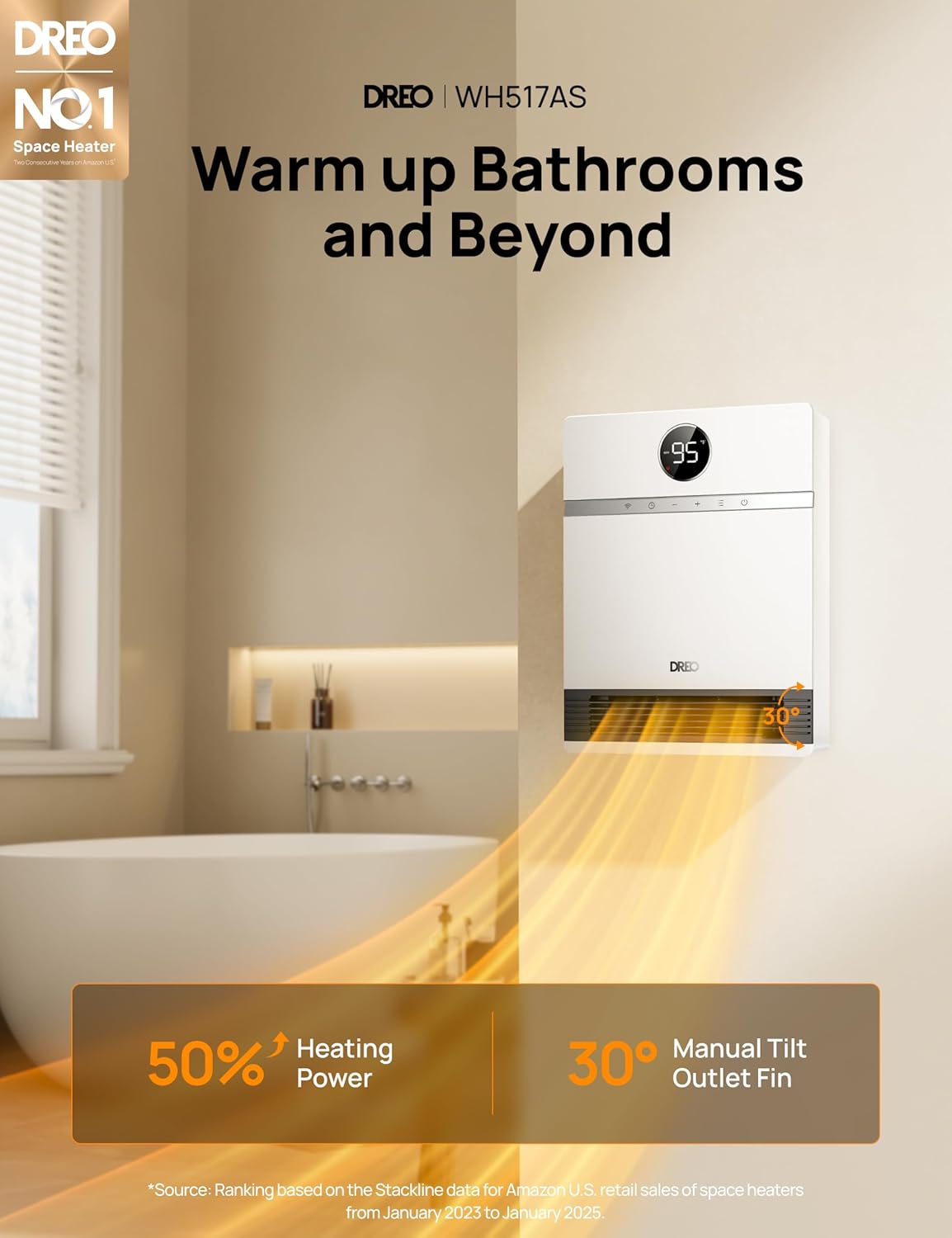 Dreo Smart Wall Heater, IP24 Electric PTC Space Heaters for Indoor Use, 30° Oscillation, Adjustable Thermostat, Remote Control, Works with Alexa, 24H Timer, Easy-mounted for Bedroom, Office, Home wourant